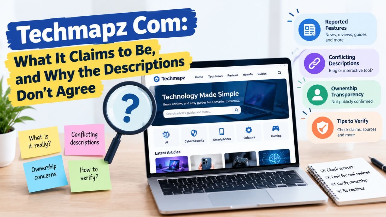 Techmapz Com review showing conflicting descriptions, reported features, ownership concerns, and verification tips.